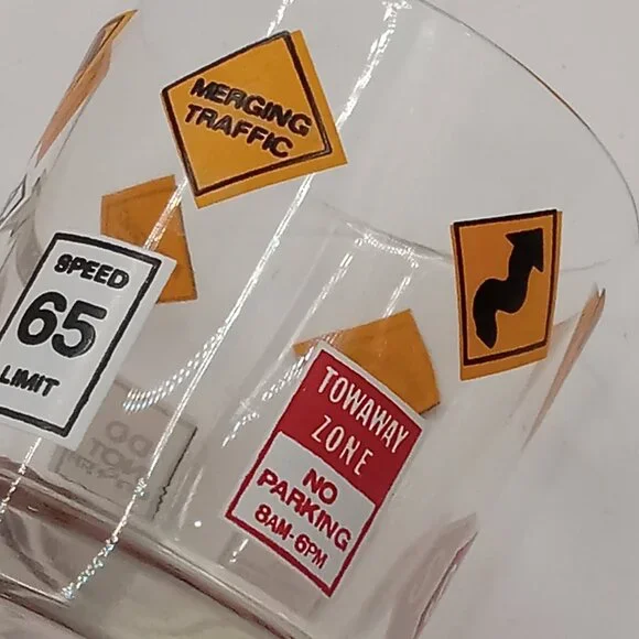 Barware Traffic Roadway Street Signs Drinking GLASSES 8 OZ 3.5" Set of 3 MCM - Picture 3 of 9